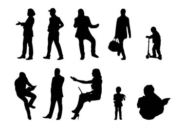 Vektör siluetleri, insanların ana hatları, Contour çizimleri, insanların siluetleri, ikon kümesi izole edilmiş, oturan insanların silueti, mimari set