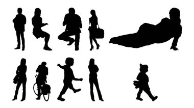 Vektör siluetleri, insanların ana hatları, Contour çizimleri, insanların siluetleri, ikon kümesi izole edilmiş, oturan insanların silueti, mimari set