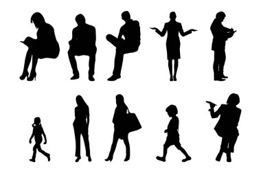 Vektör siluetleri, insanların ana hatları, Contour çizimleri, insanların siluetleri, ikon kümesi izole edilmiş, oturan insanların silueti, mimari set