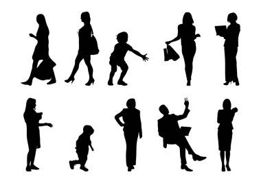 Vektör siluetleri, insanların ana hatları, Contour çizimleri, insanların siluetleri, ikon kümesi izole edilmiş, oturan insanların silueti, mimari set