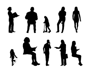 Vektör siluetleri, insanların ana hatları, Contour çizimleri, insanların siluetleri, ikon kümesi izole edilmiş, oturan insanların silueti, mimari set