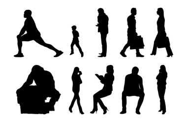 Vektör siluetleri, insanların ana hatları, Contour çizimleri, insanların siluetleri, ikon kümesi izole edilmiş, oturan insanların silueti, mimari set