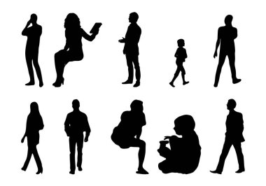 Vektör siluetleri, insanların ana hatları, Contour çizimleri, insanların siluetleri, ikon kümesi izole edilmiş, oturan insanların silueti, mimari set