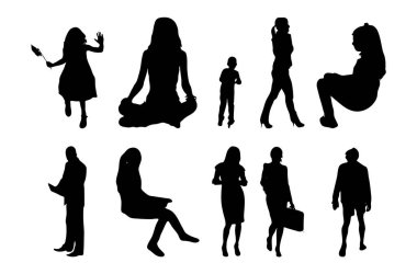 Vektör siluetleri, insanların ana hatları, Contour çizimleri, insanların siluetleri, ikon kümesi izole edilmiş, oturan insanların silueti, mimari set
