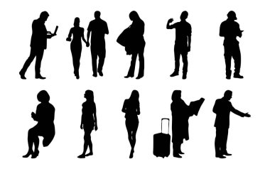 Vektör siluetleri, insanların ana hatları, Contour çizimleri, insanların siluetleri, ikon kümesi izole edilmiş, oturan insanların silueti, mimari set