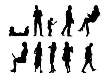 Vektör siluetleri, insanların ana hatları, Contour çizimleri, insanların siluetleri, ikon kümesi izole edilmiş, oturan insanların silueti, mimari set