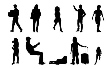 Vektör siluetleri, insanların ana hatları, Contour çizimleri, insanların siluetleri, ikon kümesi izole edilmiş, oturan insanların silueti, mimari set