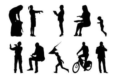 Vektör siluetleri, insanların ana hatları, Contour çizimleri, insanların siluetleri, ikon kümesi izole edilmiş, oturan insanların silueti, mimari set