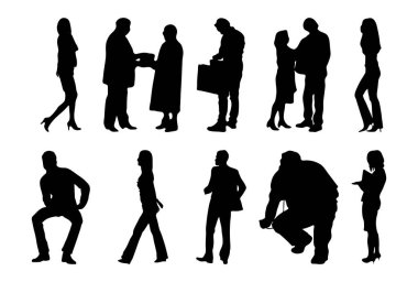 Vektör siluetleri, insanların ana hatları, Contour çizimleri, insanların siluetleri, ikon kümesi izole edilmiş, oturan insanların silueti, mimari set