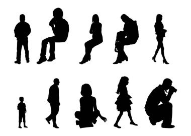 Vektör siluetleri, insanların ana hatları, Contour çizimleri, insanların siluetleri, ikon kümesi izole edilmiş, oturan insanların silueti, mimari set