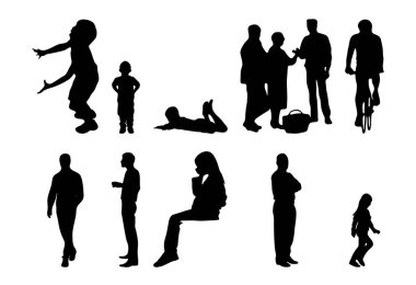 Vektör siluetleri, insanların ana hatları, Contour çizimleri, insanların siluetleri, ikon kümesi izole edilmiş, oturan insanların silueti, mimari set