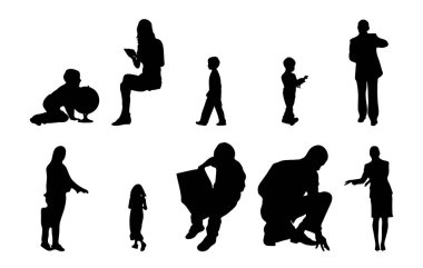 Vektör siluetleri, insanların ana hatları, Contour çizimleri, insanların siluetleri, ikon kümesi izole edilmiş, oturan insanların silueti, mimari set