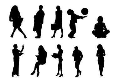 Vektör siluetleri, insanların ana hatları, Contour çizimleri, insanların siluetleri, ikon kümesi izole edilmiş, oturan insanların silueti, mimari set