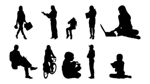 Vector silhouettes, Outline silhouettes of people, Contour drawing, people silhouette, Icon Set Isolated, Silhouette of sitting people, Architectural set