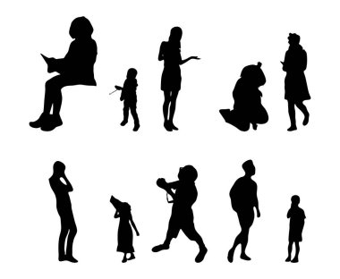 Vektör siluetleri, insanların ana hatları, Contour çizimleri, insanların siluetleri, ikon kümesi izole edilmiş, oturan insanların silueti, mimari set