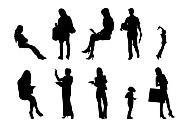 Vektör siluetleri, insanların ana hatları, Contour çizimleri, insanların siluetleri, ikon kümesi izole edilmiş, oturan insanların silueti, mimari set