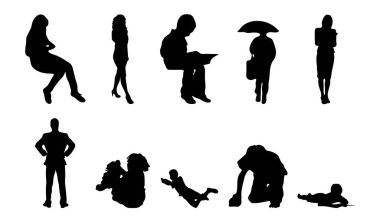 Vektör siluetleri, insanların ana hatları, Contour çizimleri, insanların siluetleri, ikon kümesi izole edilmiş, oturan insanların silueti, mimari set