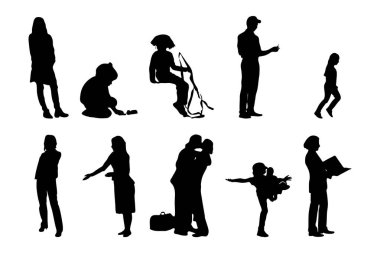 Vektör siluetleri, insanların ana hatları, Contour çizimleri, insanların siluetleri, ikon kümesi izole edilmiş, oturan insanların silueti, mimari set
