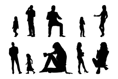 Vektör siluetleri, insanların ana hatları, Contour çizimleri, insanların siluetleri, ikon kümesi izole edilmiş, oturan insanların silueti, mimari set