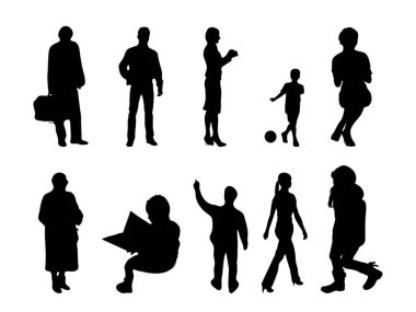Vektör siluetleri, insanların ana hatları, Contour çizimleri, insanların siluetleri, ikon kümesi izole edilmiş, oturan insanların silueti, mimari set