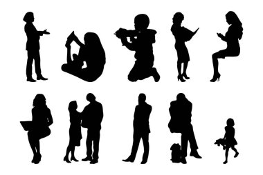 Vektör siluetleri, insanların ana hatları, Contour çizimleri, insanların siluetleri, ikon kümesi izole edilmiş, oturan insanların silueti, mimari set
