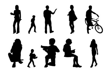 Vektör siluetleri, insanların ana hatları, Contour çizimleri, insanların siluetleri, ikon kümesi izole edilmiş, oturan insanların silueti, mimari set