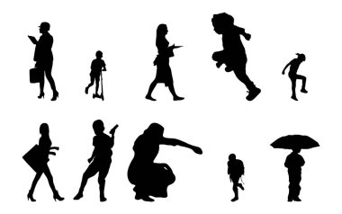 Vektör siluetleri, insanların ana hatları, Contour çizimleri, insanların siluetleri, ikon kümesi izole edilmiş, oturan insanların silueti, mimari set
