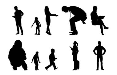 Vektör siluetleri, insanların ana hatları, Contour çizimleri, insanların siluetleri, ikon kümesi izole edilmiş, oturan insanların silueti, mimari set