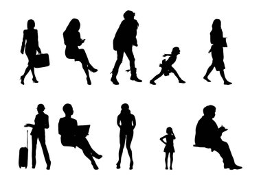 Vektör siluetleri, insanların ana hatları, Contour çizimleri, insanların siluetleri, ikon kümesi izole edilmiş, oturan insanların silueti, mimari set