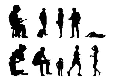 Vektör siluetleri, insanların ana hatları, Contour çizimleri, insanların siluetleri, ikon kümesi izole edilmiş, oturan insanların silueti, mimari set