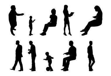 Vektör siluetleri, insanların ana hatları, Contour çizimleri, insanların siluetleri, ikon kümesi izole edilmiş, oturan insanların silueti, mimari set