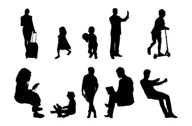 Vektör siluetleri, insanların ana hatları, Contour çizimleri, insanların siluetleri, ikon kümesi izole edilmiş, oturan insanların silueti, mimari set