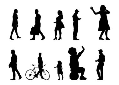 Vektör siluetleri, insanların ana hatları, Contour çizimleri, insanların siluetleri, ikon kümesi izole edilmiş, oturan insanların silueti, mimari set