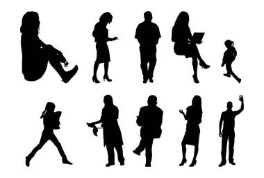 Vektör siluetleri, insanların ana hatları, Contour çizimleri, insanların siluetleri, ikon kümesi izole edilmiş, oturan insanların silueti, mimari set