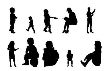 Vektör siluetleri, insanların ana hatları, Contour çizimleri, insanların siluetleri, ikon kümesi izole edilmiş, oturan insanların silueti, mimari set