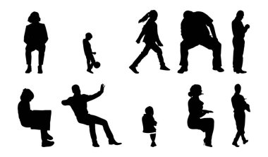 Vektör siluetleri, insanların ana hatları, Contour çizimleri, insanların siluetleri, ikon kümesi izole edilmiş, oturan insanların silueti, mimari set