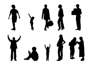 Vektör siluetleri, insanların ana hatları, Contour çizimleri, insanların siluetleri, ikon kümesi izole edilmiş, oturan insanların silueti, mimari set