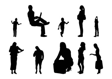 Vektör siluetleri, insanların ana hatları, Contour çizimleri, insanların siluetleri, ikon kümesi izole edilmiş, oturan insanların silueti, mimari set