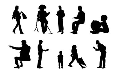 Vektör siluetleri, insanların ana hatları, Contour çizimleri, insanların siluetleri, ikon kümesi izole edilmiş, oturan insanların silueti, mimari set