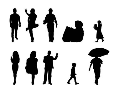 Vektör siluetleri, insanların ana hatları, Contour çizimleri, insanların siluetleri, ikon kümesi izole edilmiş, oturan insanların silueti, mimari set