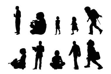 Vektör siluetleri, insanların ana hatları, Contour çizimleri, insanların siluetleri, ikon kümesi izole edilmiş, oturan insanların silueti, mimari set