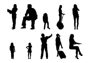Vektör siluetleri, insanların ana hatları, Contour çizimleri, insanların siluetleri, ikon kümesi izole edilmiş, oturan insanların silueti, mimari set