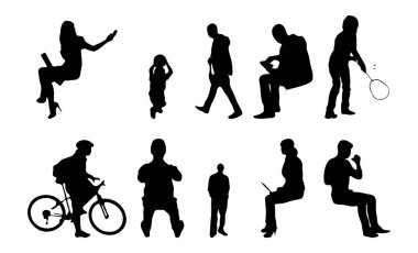 Vektör siluetleri, insanların ana hatları, Contour çizimleri, insanların siluetleri, ikon kümesi izole edilmiş, oturan insanların silueti, mimari set