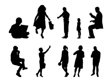 Vektör siluetleri, insanların ana hatları, Contour çizimleri, insanların siluetleri, ikon kümesi izole edilmiş, oturan insanların silueti, mimari set