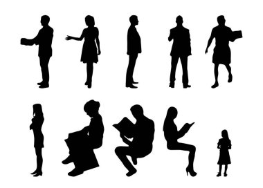 Vektör siluetleri, insanların ana hatları, Contour çizimleri, insanların siluetleri, ikon kümesi izole edilmiş, oturan insanların silueti, mimari set