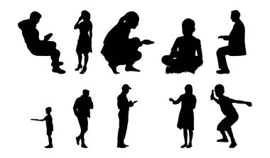 Vektör siluetleri, insanların ana hatları, Contour çizimleri, insanların siluetleri, ikon kümesi izole edilmiş, oturan insanların silueti, mimari set
