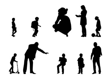 Vektör siluetleri, insanların ana hatları, Contour çizimleri, insanların siluetleri, ikon kümesi izole edilmiş, oturan insanların silueti, mimari set