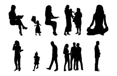 Vektör siluetleri, insanların ana hatları, Contour çizimleri, insanların siluetleri, ikon kümesi izole edilmiş, oturan insanların silueti, mimari set