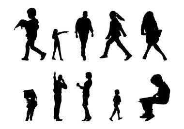 Vektör siluetleri, insanların ana hatları, Contour çizimleri, insanların siluetleri, ikon kümesi izole edilmiş, oturan insanların silueti, mimari set