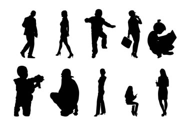 Vektör siluetleri, insanların ana hatları, Contour çizimleri, insanların siluetleri, ikon kümesi izole edilmiş, oturan insanların silueti, mimari set